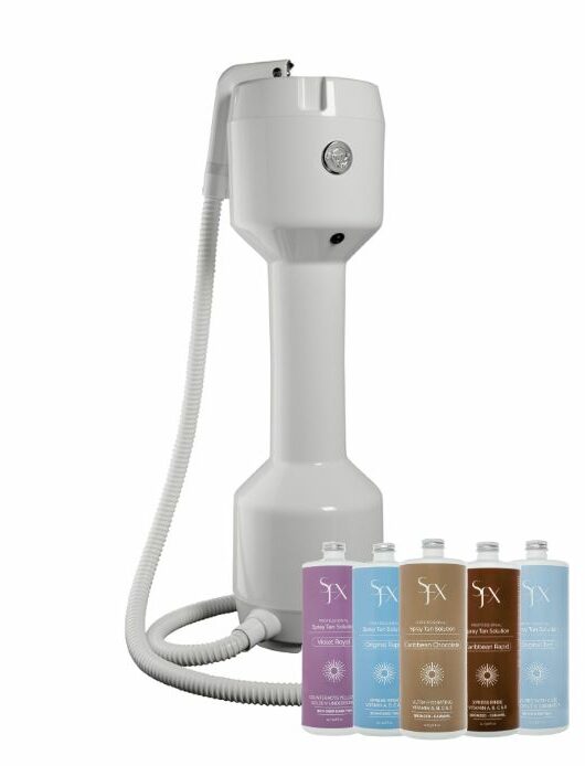 Spray tan machine tower and solution