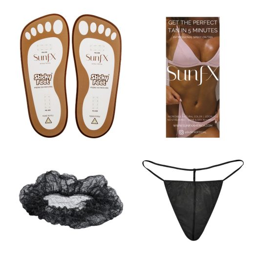 sticky feet, thongs, hair nets, brochure, the ultimate pack for a tanning artist
