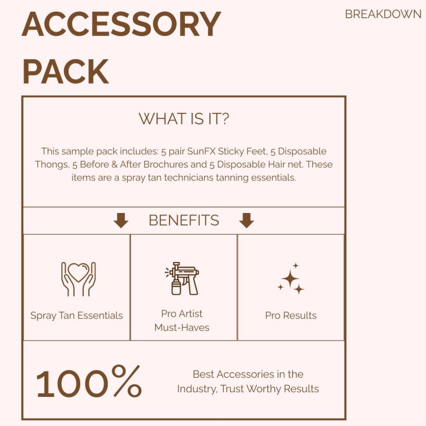sticky feet, thongs, hair nets, brochure, the ultimate pack for a tanning artist
