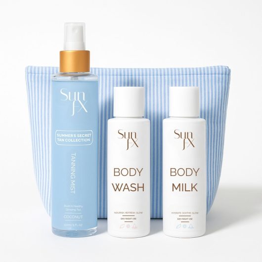 SunFX Coconut Glow Trio | Tanning Mist, Body Wash, Body Milk + Cosmetic Bag