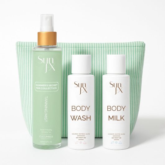 SunFX Cucumber Glow Trio | Tanning Mist, Body Wash, Body Milk + Mint Green Bag