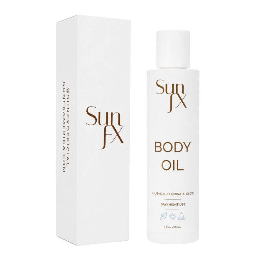 SunFX Body Oil for helping keep your self tan and spray tan fresh and hydrated. perfect no greasy and oily body oil that spells and feels luxe.
