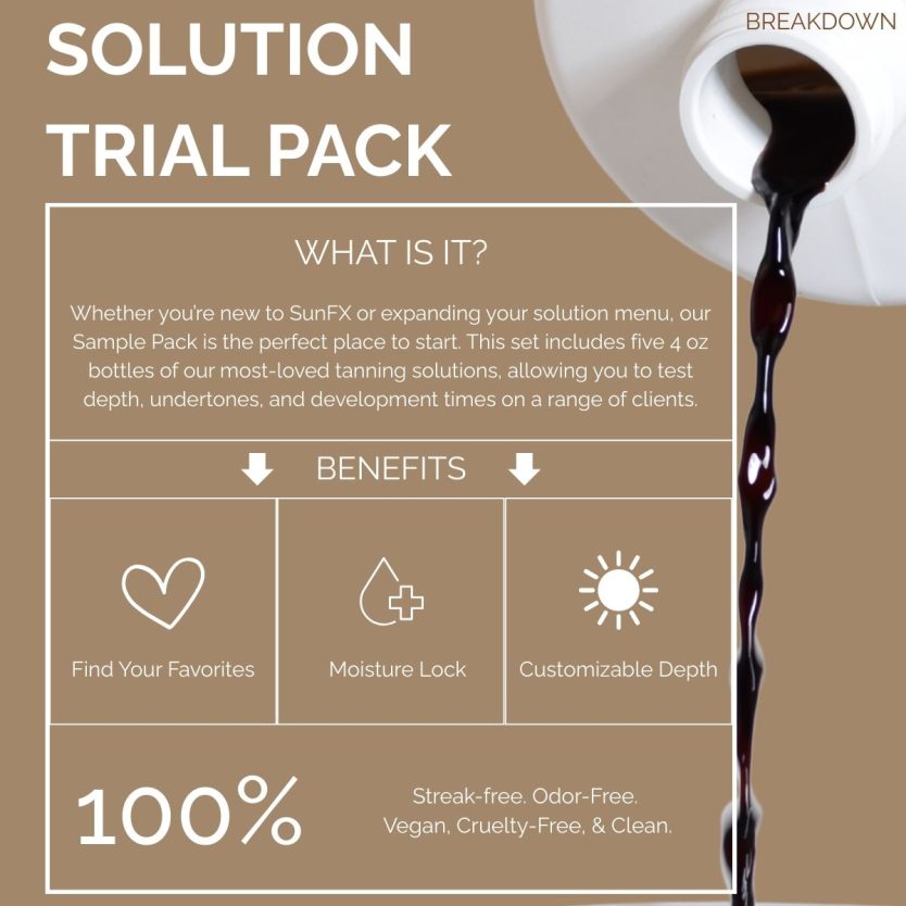 100ml little travel spray tan solution trial and find your favorites Whether you’re new to SunFX or expanding your solution menu, our Sample Pack is the perfect place to start. This set includes five 4 oz bottles of our most-loved tanning solutions, allowing you to test depth, undertones, and development times on a range of clients.