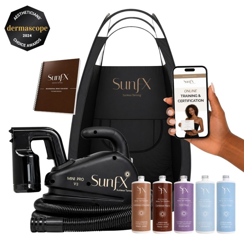 spray tan tanning certification and training with full set up for sunfx. SUnFX spray tan training and equipment package. Your one stop sunless tanning shop.