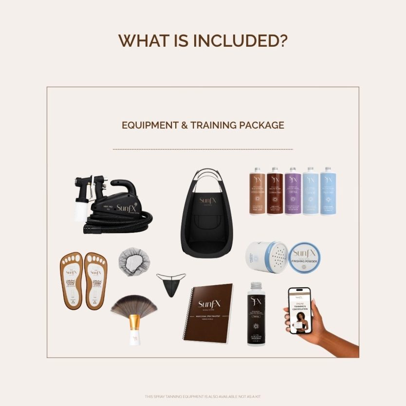 spray tan tanning certification and training with full set up for sunfx. SUnFX spray tan training and equipment package. Your one stop sunless tanning shop.
