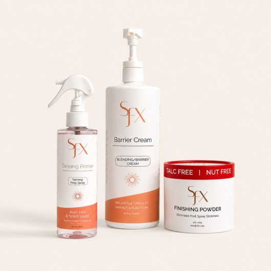Prime & Glow for spray tanning and self tanning. Prep sprya and barrier cream and then finishing powder for pros and retail.