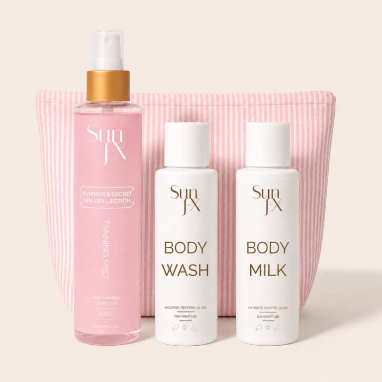 Rose Mist Tanning Trio Self tanning kit for first time tanner, no orange and the perfect and easiest self tanner and top up and fix a spray tan. Face tan, body and full coverage tanning.