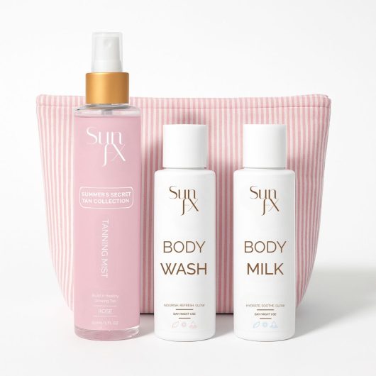 SunFX Rose Glow Trio | Tanning Mist, Body Wash, Body Milk + Cosmetic Bag