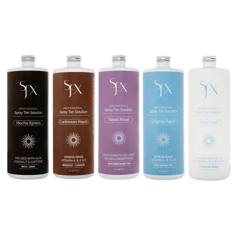 rapid quick rinse spray tan tanning solution sample pack to try 5 of sunfx most popular solution, the OG first natural spray tanner since 1999