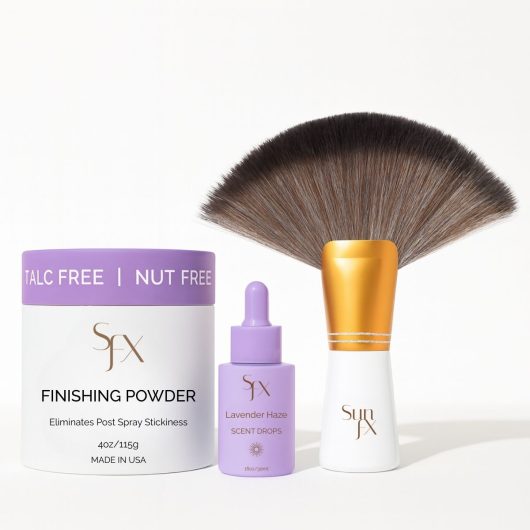Powder, Scent Drops and brush for spray tanning and self tanning