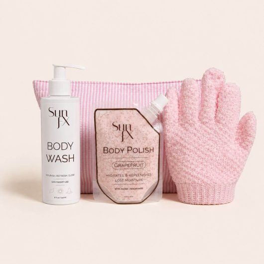 SunFX Prep Kit - body scrub body wash, cute bag and gloves for tanning prep