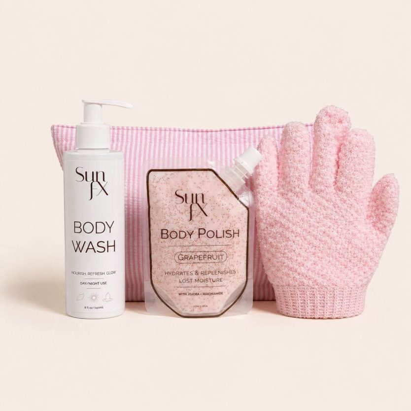 SunFX Prep Kit - body scrub body wash, cute bag and gloves for tanning prep