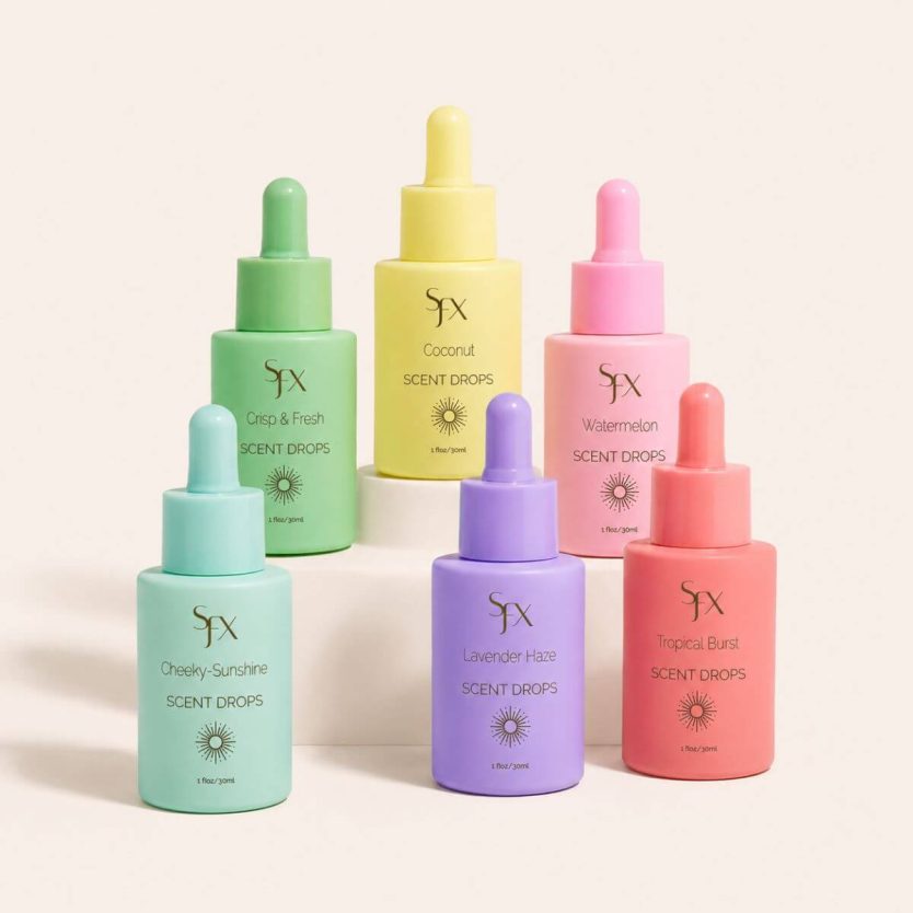 SunFX Scent Drop Collection spray tan and self tan scent drops for solution and products. SunFX Scent Drops - Sunless Tanning Fragrance Additive, Spray Tan Solution Scent Booster, Tanning Drops Add-In for Self Tanner, Lotion, Mousse and Body Oil, Easy to Blend, 1 Oz - Crisp & Fresh