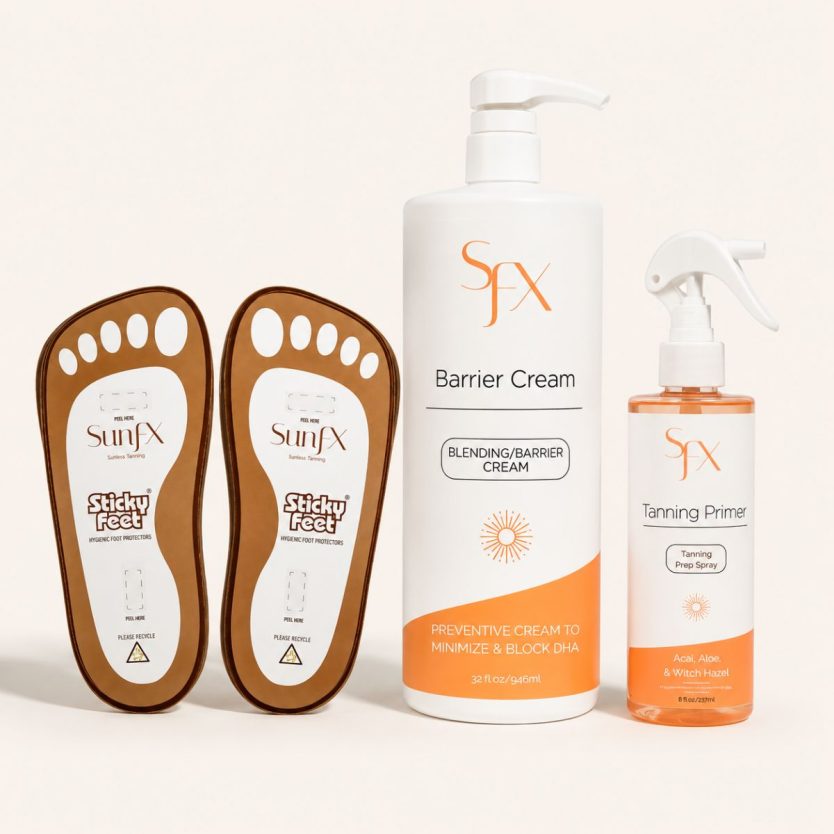 Professional Prep kit - barrier cream, prep spray, sticky feet. Sunfx trade marked sticky feet