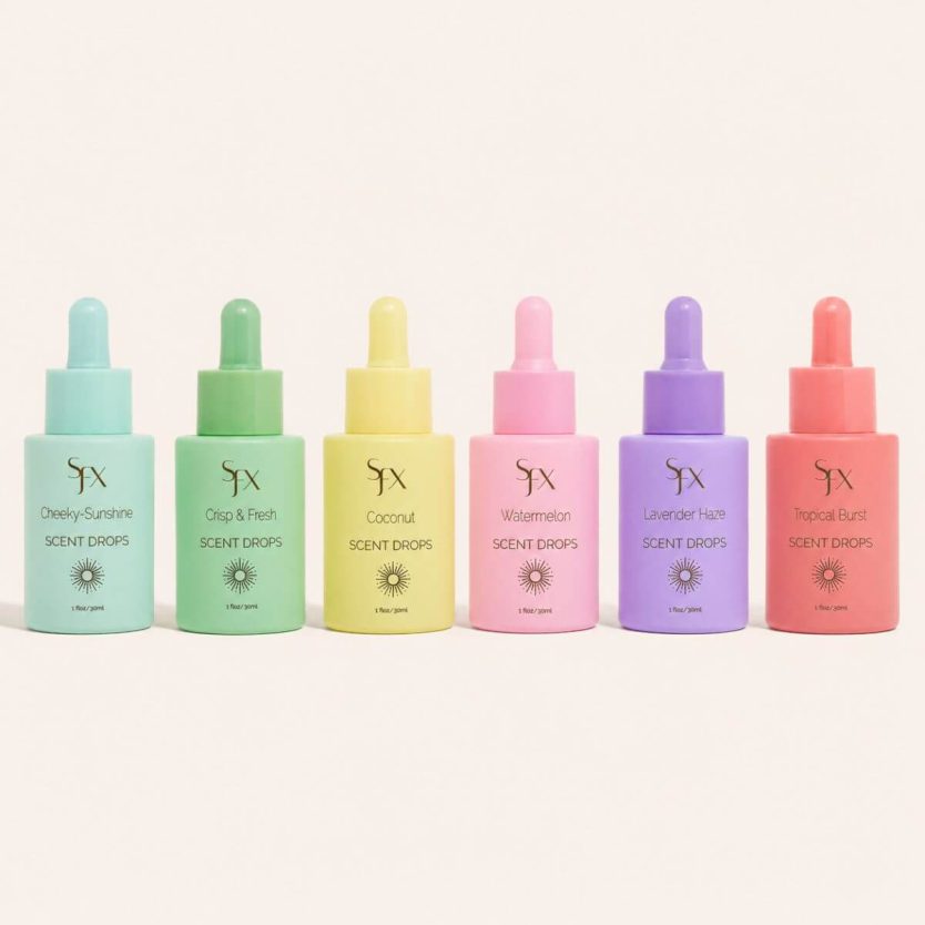 SunFX Scent Drop Collection spray tan and self tan scent drops for solution and products. SunFX Scent Drops - Sunless Tanning Fragrance Additive, Spray Tan Solution Scent Booster, Tanning Drops Add-In for Self Tanner, Lotion, Mousse and Body Oil, Easy to Blend, 1 Oz - Crisp & Fresh