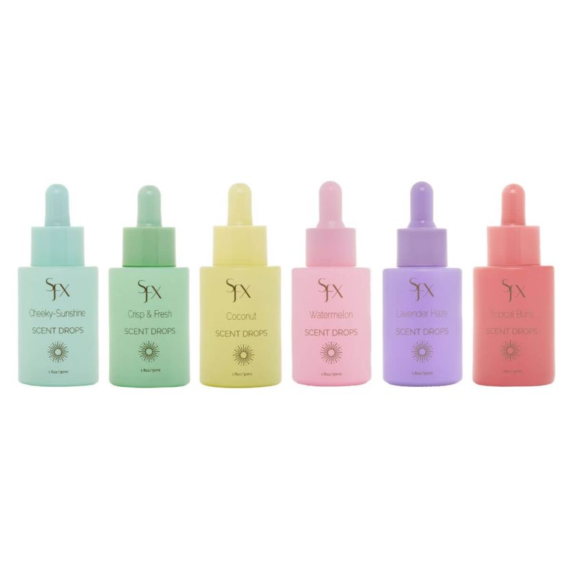 sunfx spray tan solution scent drops for professionals and at home tannners. Sunfx Tanning Scent and enhancement drops. Coconut, watermelon, crisp and fresh, cheeky sunshine. tropical burst, watermelon sunless tanning droppers and scent drops.