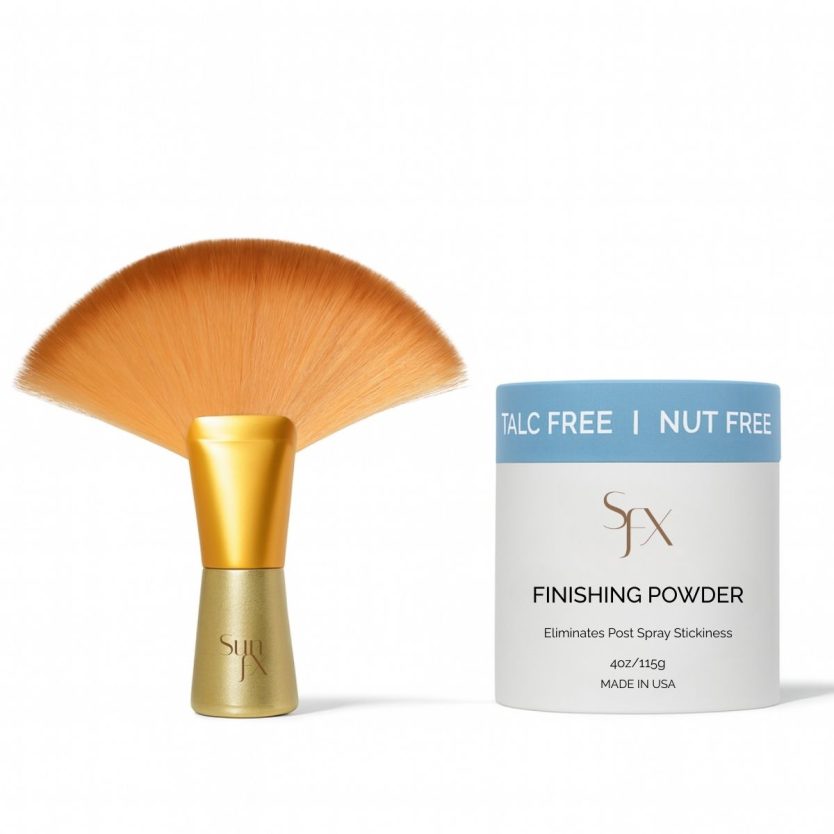 Powder, Scent Drops and brush for spray tanning and self tanning