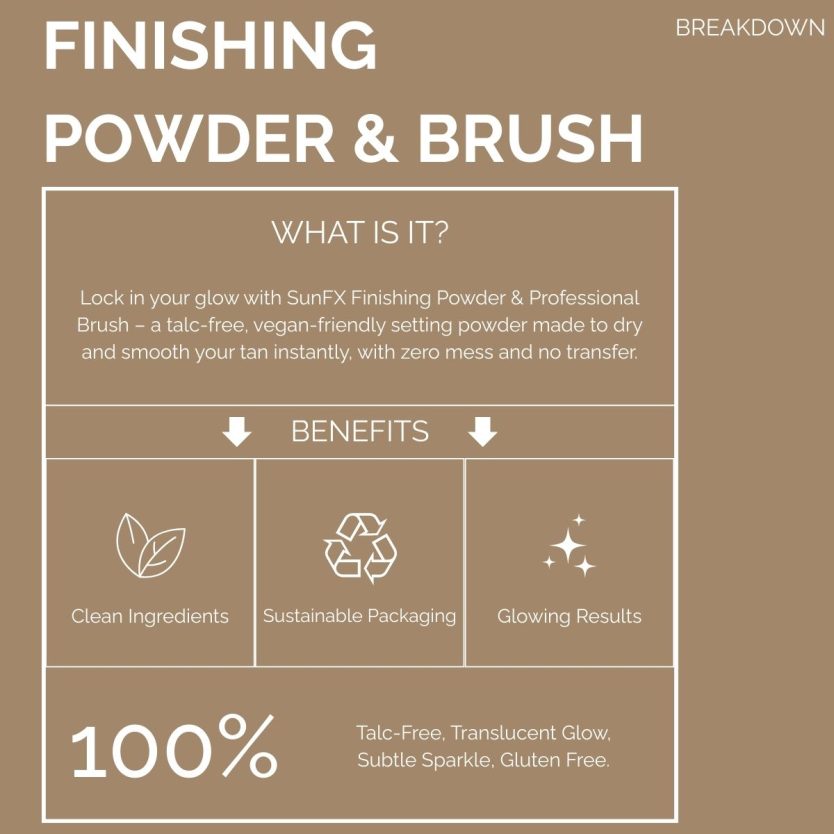 Powder, Scent Drops and brush for spray tanning and self tanning