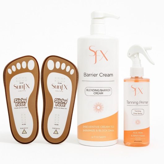 sticky feet spray tanning, self tan barrier cream and prep spray, inventor and first company to make sticky feet, perfect salon trio for spray tanning professionals