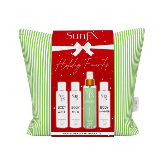 SunFX Holiday favorites Gift Set- includes a self tanning mist, body lotion milk, body wash, body shimmer lotion and free lipbalm. Also comes with the cute mint green travel bag. Perfect gift for mum mom wife girlfriend grandma, sister, best easy gift.