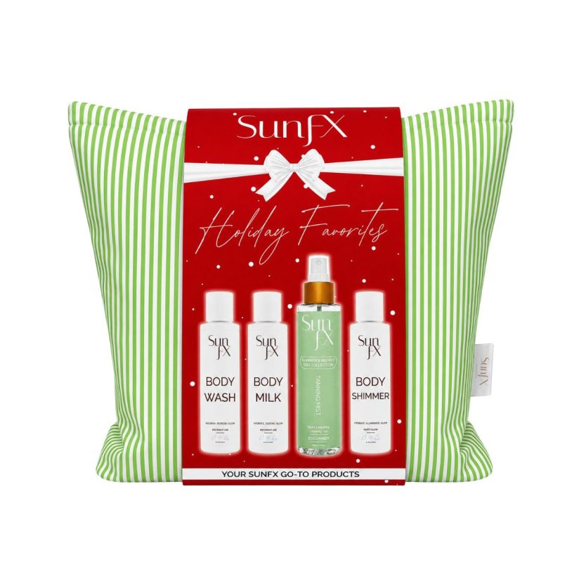 SunFX Holiday favorites Gift Set- includes a self tanning mist, body lotion milk, body wash, body shimmer lotion and free lipbalm. Also comes with the cute mint green travel bag. Perfect gift for mum mom wife girlfriend grandma, sister, best easy gift.